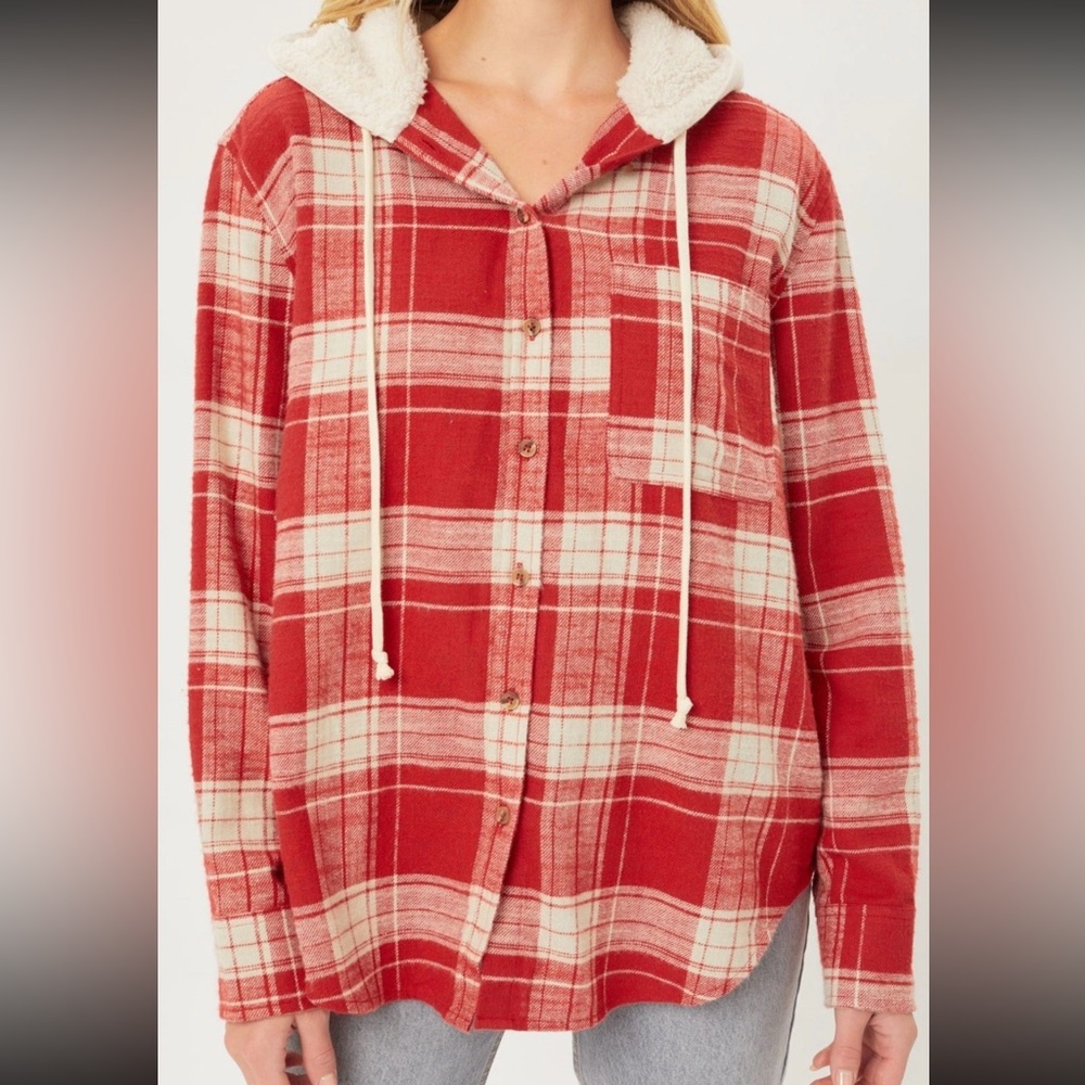 Women’s Red Plaid Flannel Shirt Hoodie Sherpa Collar Button Down Cozy Size S